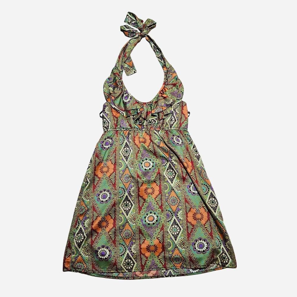 boho western green floral halter dress